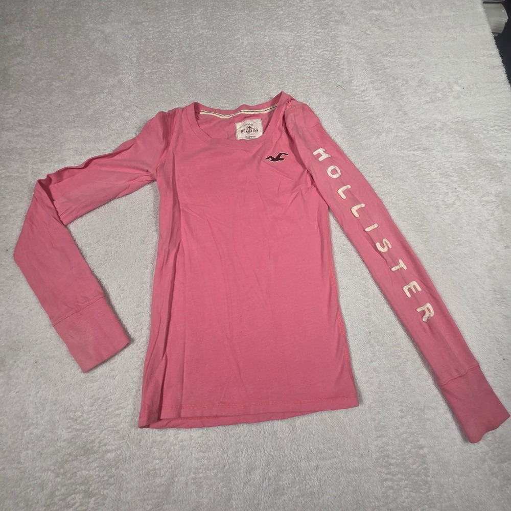 Vtg Hollister Long Sleeve Graphic Tee Women Small Pink Seagull Logo Y2K Style